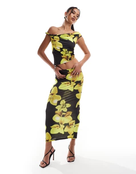 ASOS DESIGN co-ord slinky maxi skirt in yellow floral print - view 1