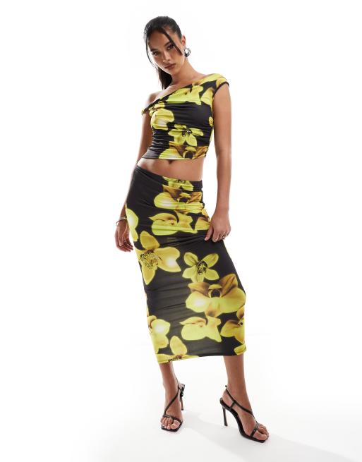 ASOS DESIGN co ord slinky maxi skirt in yellow floral print ASOS