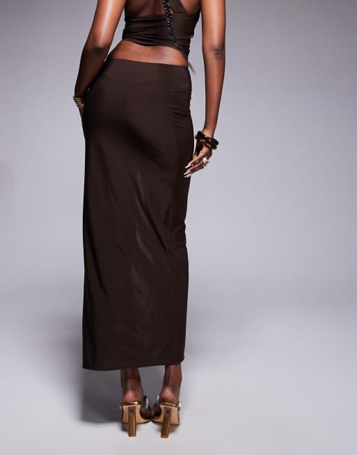 ASOS DESIGN co-ord slinky maxi skirt with large trim detail in chocolate, 4 of 5