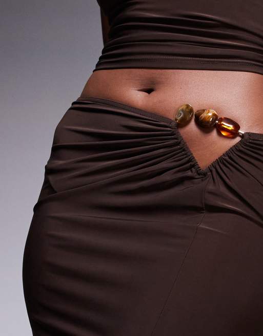 ASOS DESIGN co-ord slinky maxi skirt with large trim detail in chocolate, 5 of 5