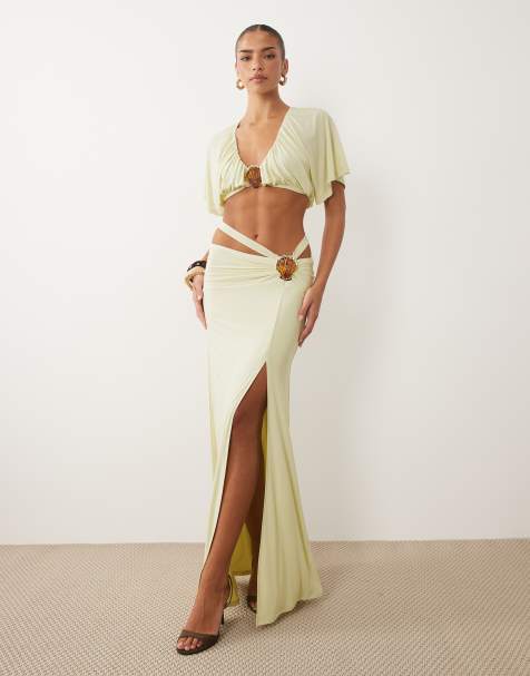 ASOS DESIGN co-ord slinky maxinederdel med skal-kant i creme - view 1