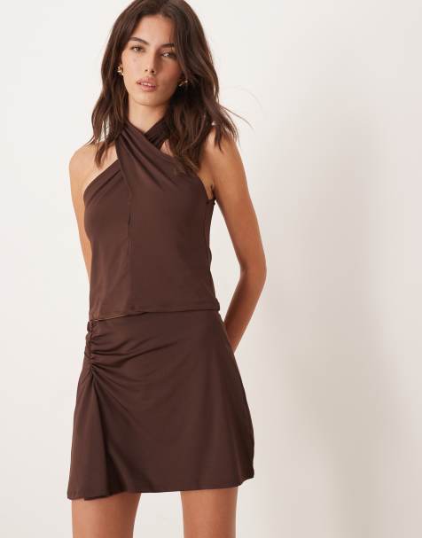 ASOS DESIGN co-ord slinky mini skirt with ruched waist detail in brown - view 1