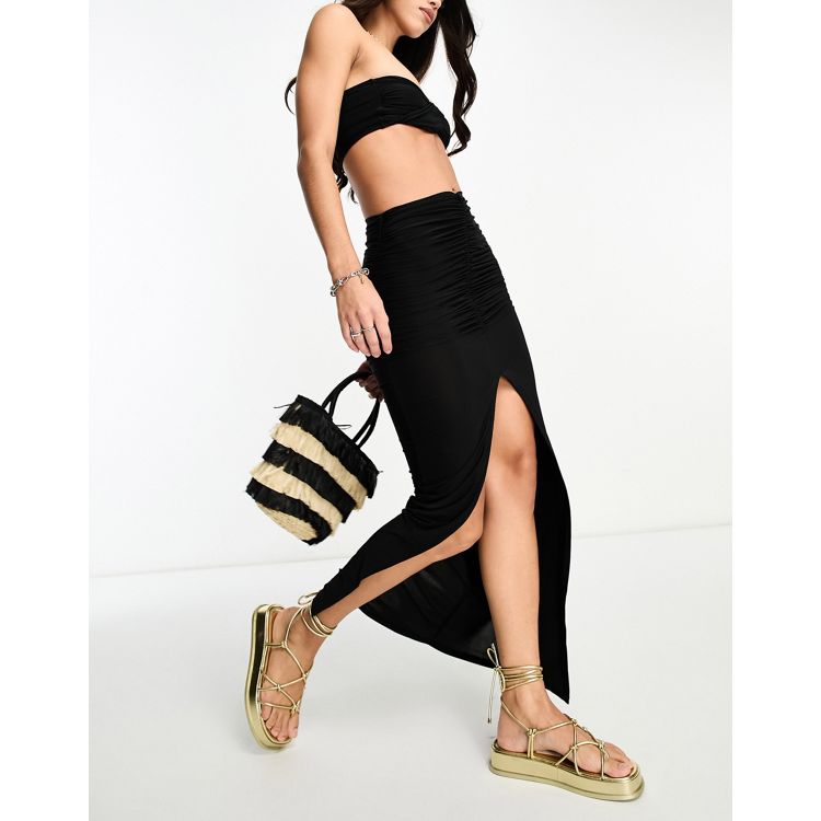 ASOS DESIGN co-ord mesh maxi skirt with fold over waist in black
