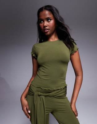 ASOS DESIGN co-ord slinky short sleeve top with lettuce edge in khaki-Green