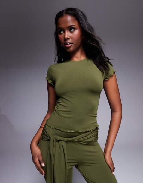 ASOS DESIGN co-ord slinky short sleeve top with lettuce edge in khaki - view 1