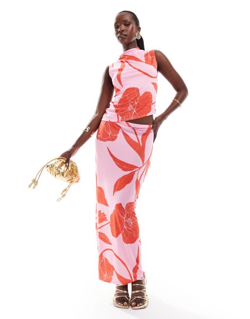 ASOS DESIGN co-ord slinky top with asymmetric hem and skirt in pink oversized floral