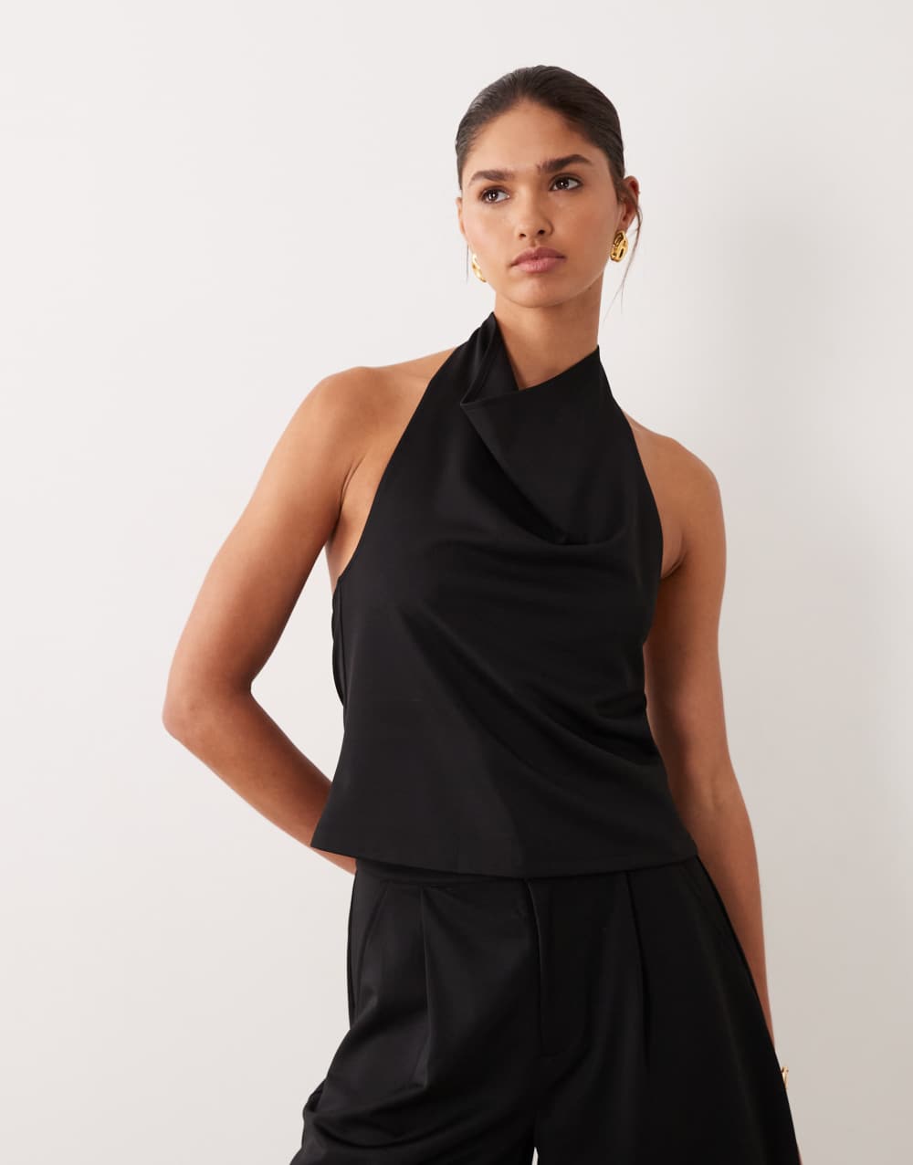 ASOS DESIGN co-ord slinky twill cowl neck top in black