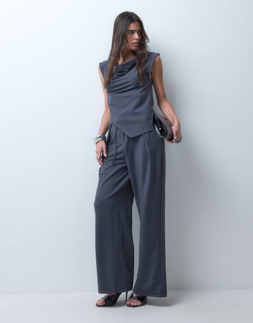ASOS DESIGN co-ord slinky twill drapey top in charcoal, 2 of 5