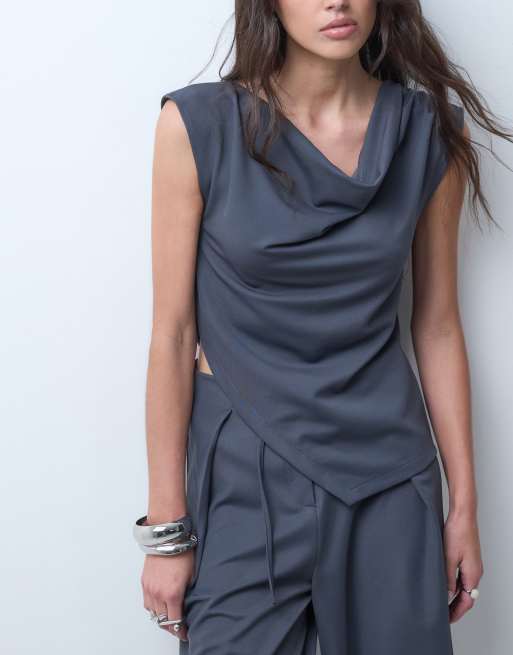 ASOS DESIGN co-ord slinky twill drapey top in charcoal, 3 of 5