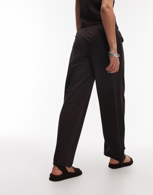 ASOS DESIGN co-ord slinky twill tailored tab detail wide leg trouser in chocolate, 3 of 5