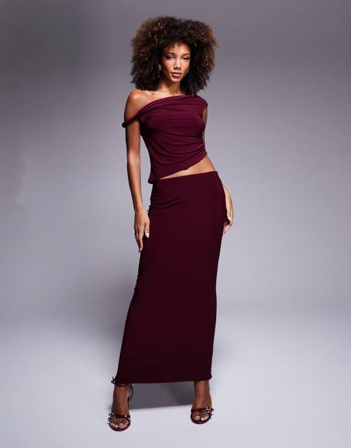 ASOS DESIGN co ord slinky twist off shoulder top and maxi skirt in burgundy ASOS