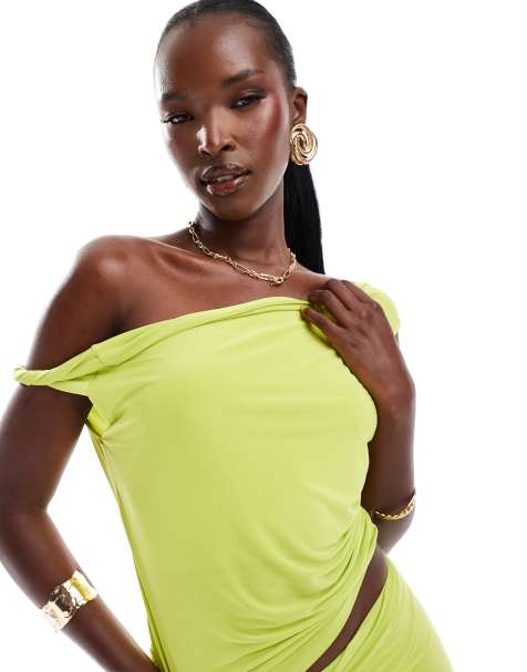 ASOS DESIGN co-ord slinky twist off shoulder top in lime - view 1