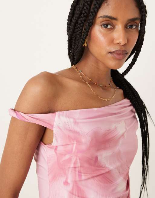 ASOS DESIGN slinky twist off shoulder top in oversized floral print - part of a set