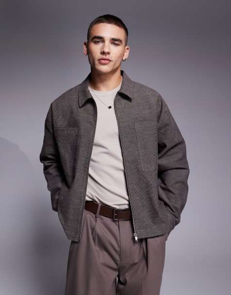ASOS DESIGN co-ord smart harrington shacket in dogtooth check in brown - view 1
