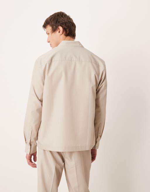ASOS DESIGN co-ord smart relaxed stripe shirt in stone, 3 of 5