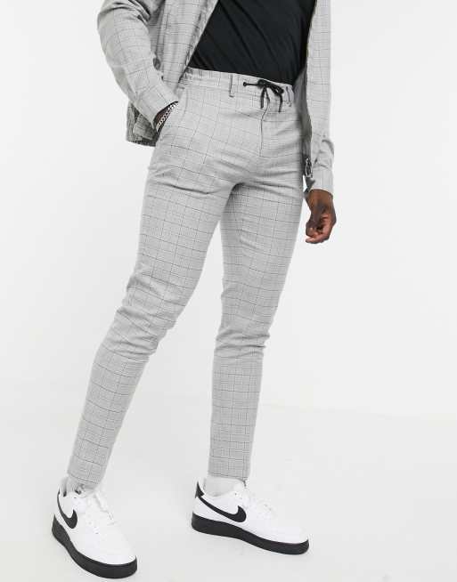 ASOS DESIGN co-ord smart skinny trousers with draw cord waist in grid check grey marl