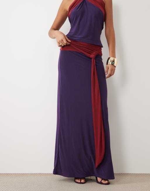 ASOS DESIGN co-ord soft touch contrast sash waist maxi skirt in purple and wine, 2 of 5