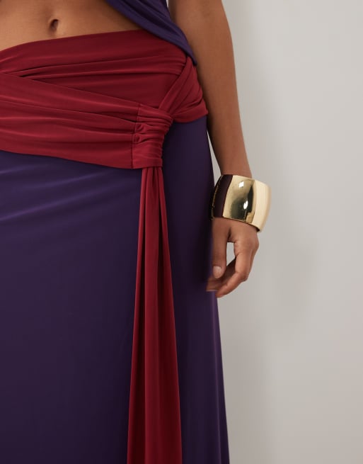 ASOS DESIGN co-ord soft touch contrast sash waist maxi skirt in purple and wine, 3 of 5