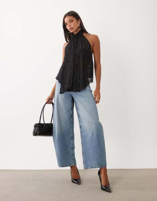 ASOS DESIGN Co-ord Spitzen-Haltertop mit Drapierung in Schwarz, 3 von 4