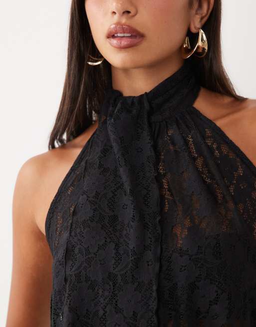ASOS DESIGN Co-ord Spitzen-Haltertop mit Drapierung in Schwarz, 4 von 4