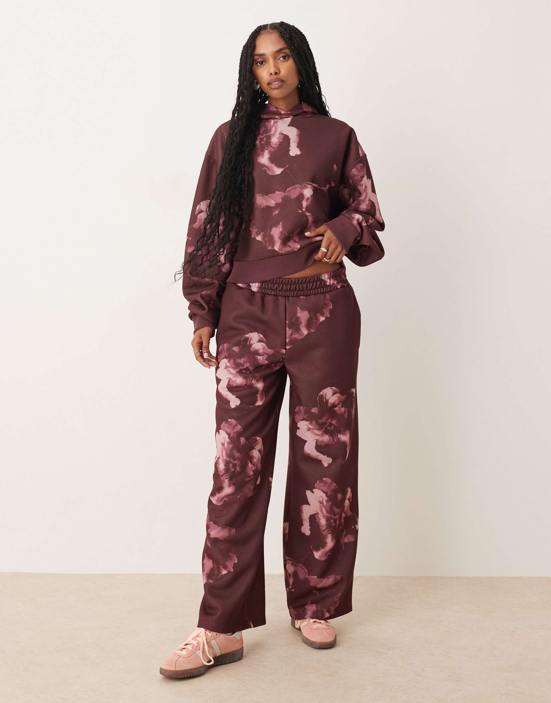 ASOS DESIGN co-ord straight leg jogger with all over floral design in plum