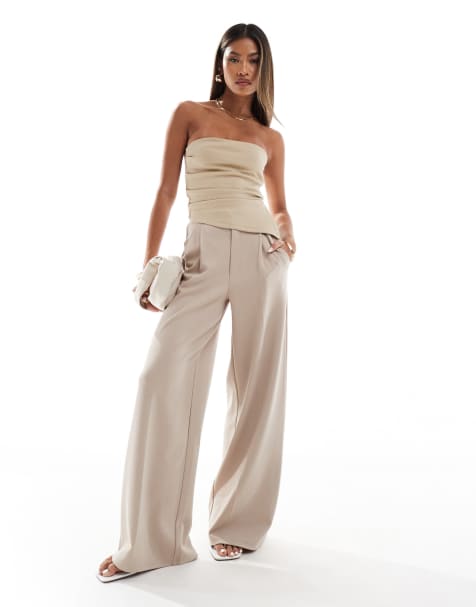 ASOS DESIGN co-ord strapless ruched side top and wide leg trouser in stone - view 1