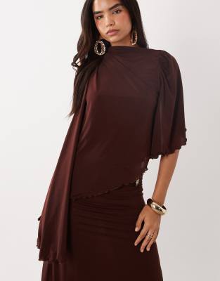 Asos Design Co-ord Stretch Chiffon Draped Asymmetric Cape Top With Trim In Blue