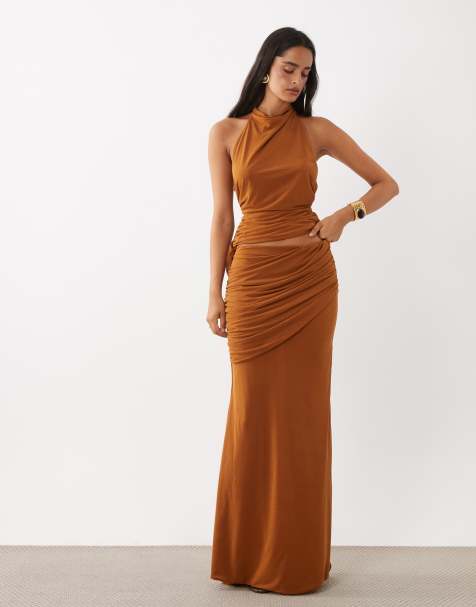 ASOS DESIGN  co-ord stretch chiffon draped fishtail maxi skirt in ginger - view 1