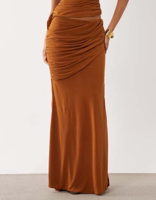 ASOS DESIGN  co-ord stretch chiffon draped fishtail maxi skirt in ginger, 2 of 5