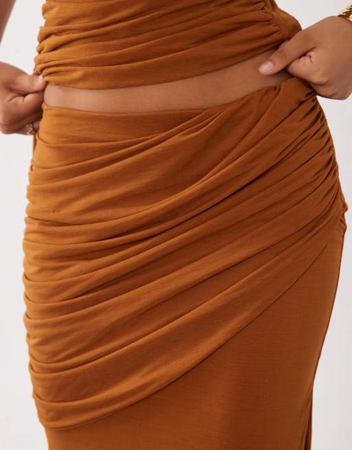 ASOS DESIGN  co-ord stretch chiffon draped fishtail maxi skirt in ginger, 4 of 5