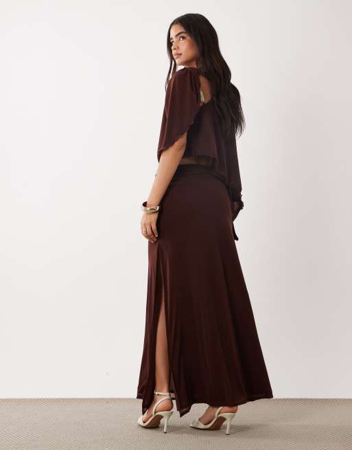 ASOS DESIGN co-ord stretch chiffon maxi skirt in chocolate, 5 of 5