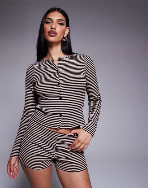 ASOS DESIGN co-ord stripe crew neck cardigan in black and white