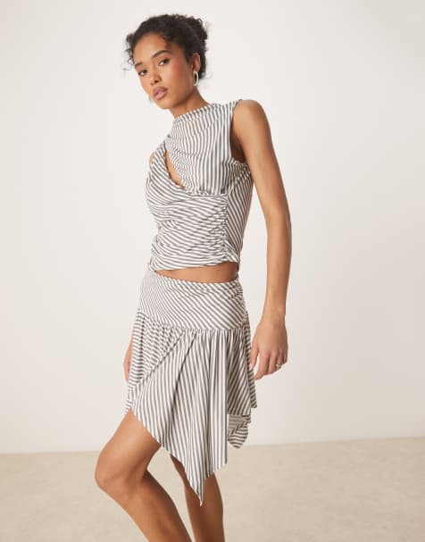 ASOS DESIGN co-ord stripe hanky hem skirt in grey