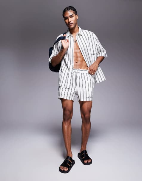 ASOS DESIGN co-ord stripe shorts in short length with embroidery in white