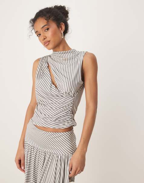 ASOS DESIGN co-ord stripe slash detail tank top in grey