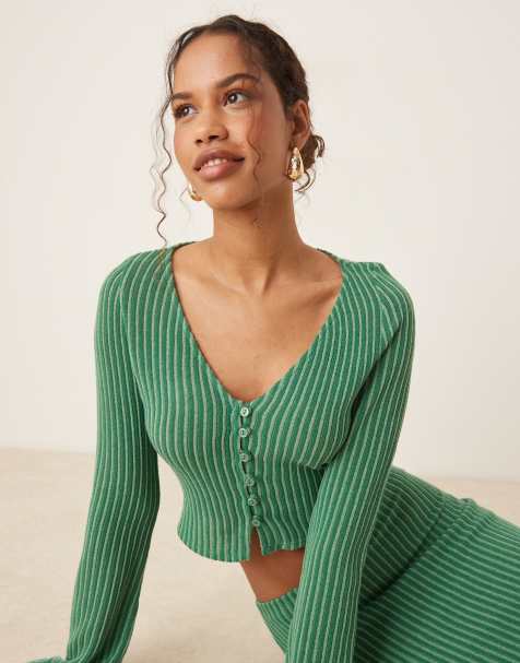 ASOS DESIGN co-ord striped button through long sleeve top in green - view 1