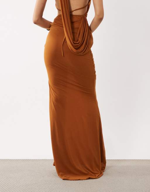 ASOS DESIGN co-ord stræk-chiffon draperet fishtail maxinederdel i ginger, 5 af 5