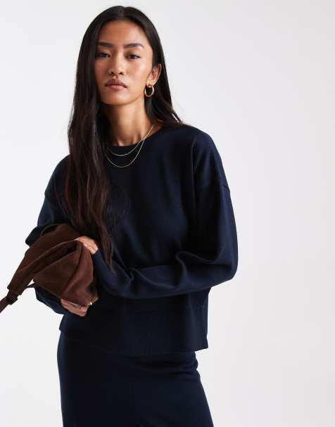 ASOS DESIGN co-ord structured boxy crew neck jumper with side split detail in navy - view 1