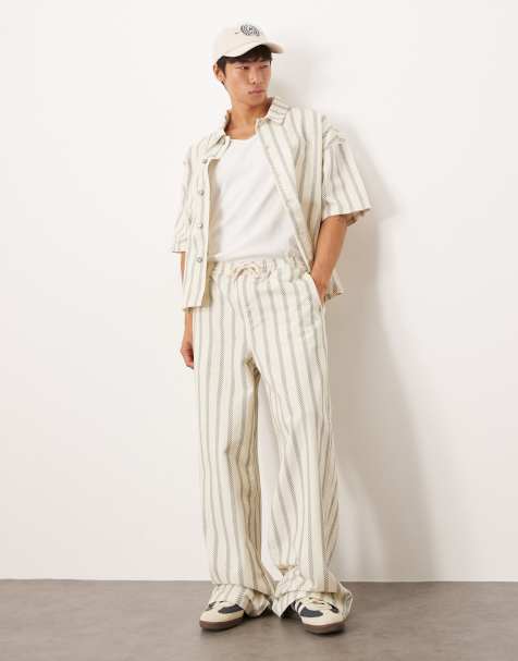 ASOS DESIGN co-ord super baggy pull on trousers in cream with blue stripe - view 1