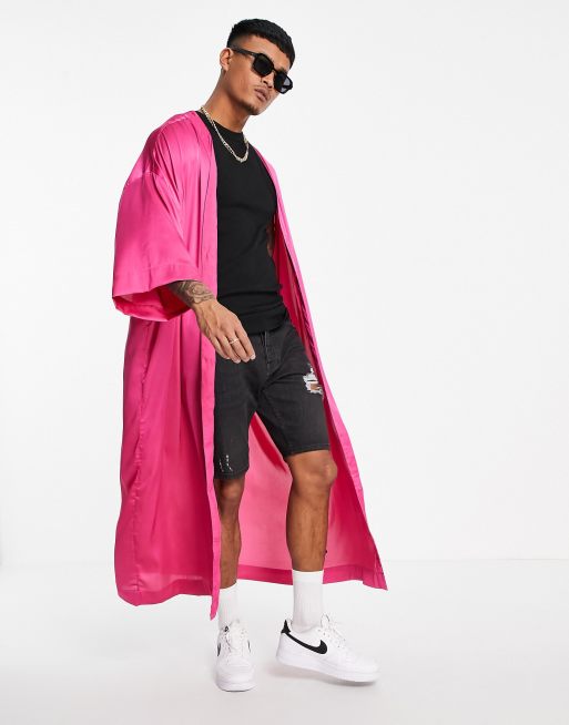 ASOS DESIGN Co ord super longline satin kimono in hot pink