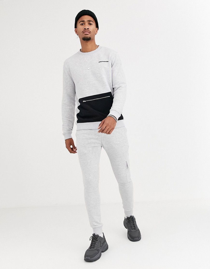 ASOS DESIGN co-ord sweatshirt with elements embroidery & nylon pocket-Grey