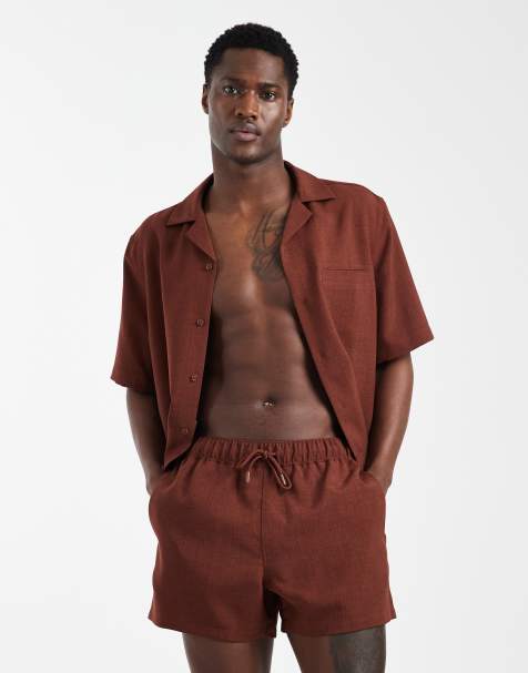 ASOS DESIGN co-ord swim shorts in linen look short length in brown - view 1