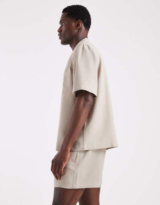 ASOS DESIGN co-ord swim shorts in linen look short length in stone, 4 of 6