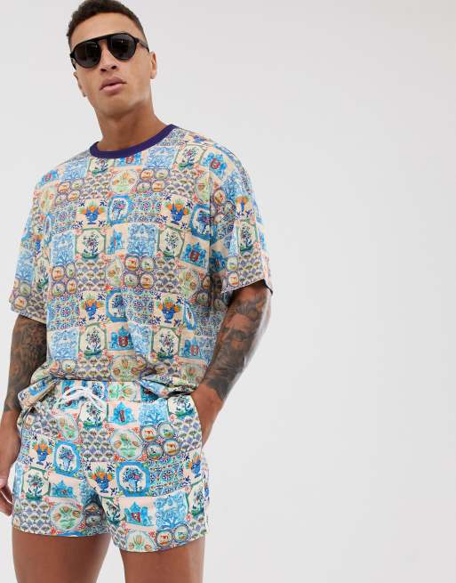 ASOS DESIGN coord swim shorts in retro tile print super short length