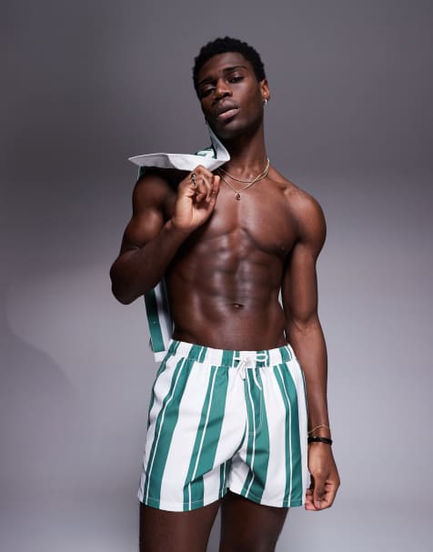 ASOS DESIGN co-ord swim shorts in short length in green stripe - view 1