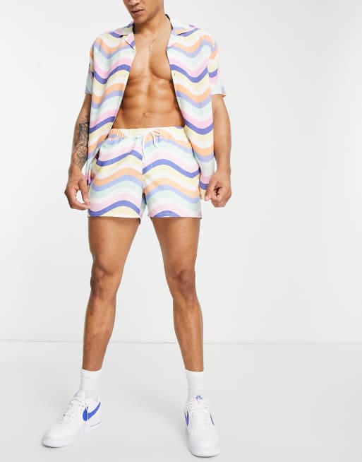 ASOS DESIGN co-ord swim shorts in short length in wavey pastel stripe, 4 of 4