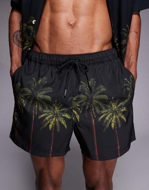 ASOS DESIGN co-ord swim shorts in short length with palm tree print in black, 4 of 5