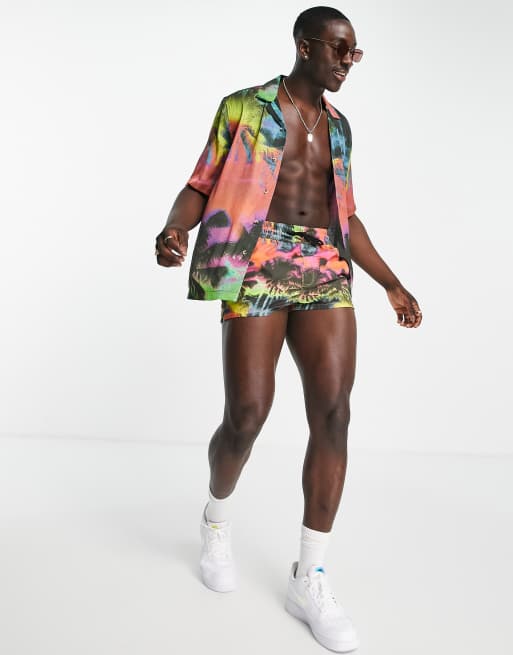 ASOS DESIGN co-ord swim shorts in super short length in palm tree print
