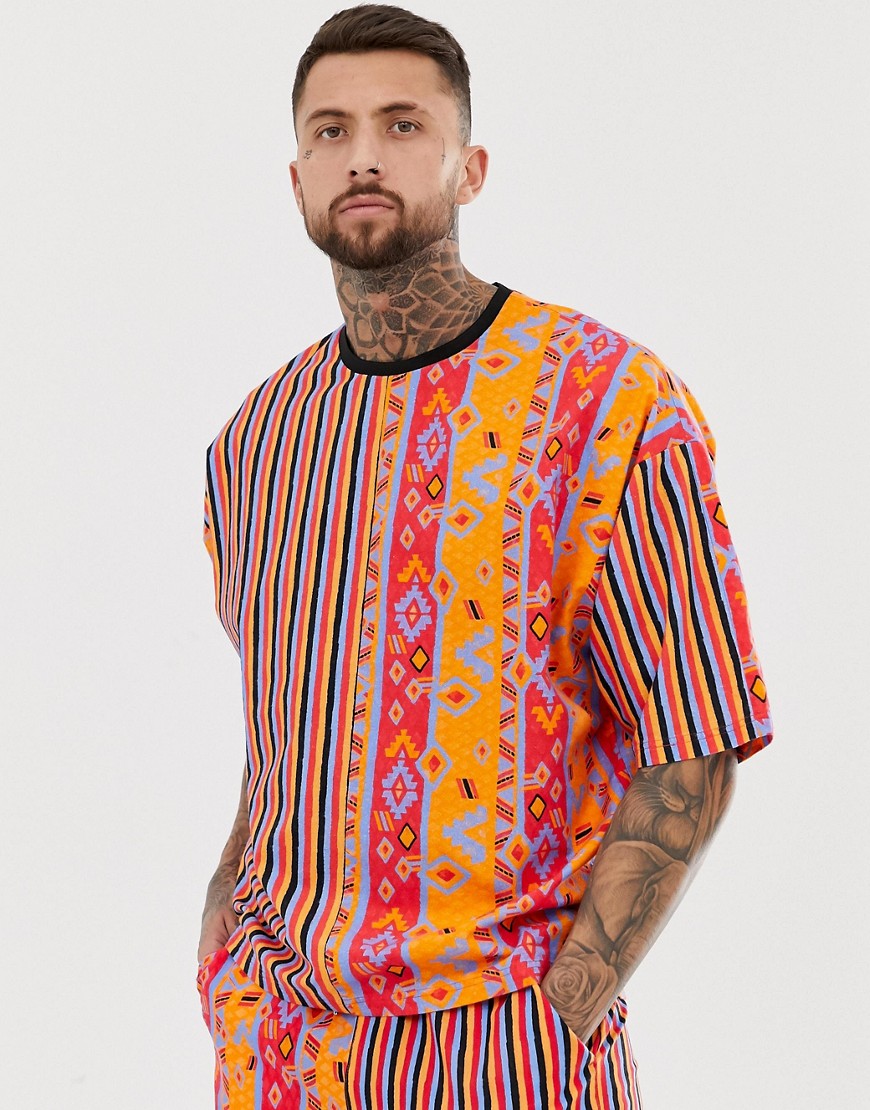ASOS DESIGN Co-ord - T-shirt oversize in crêpe colour block a righe e stampa azteca-Multicolore