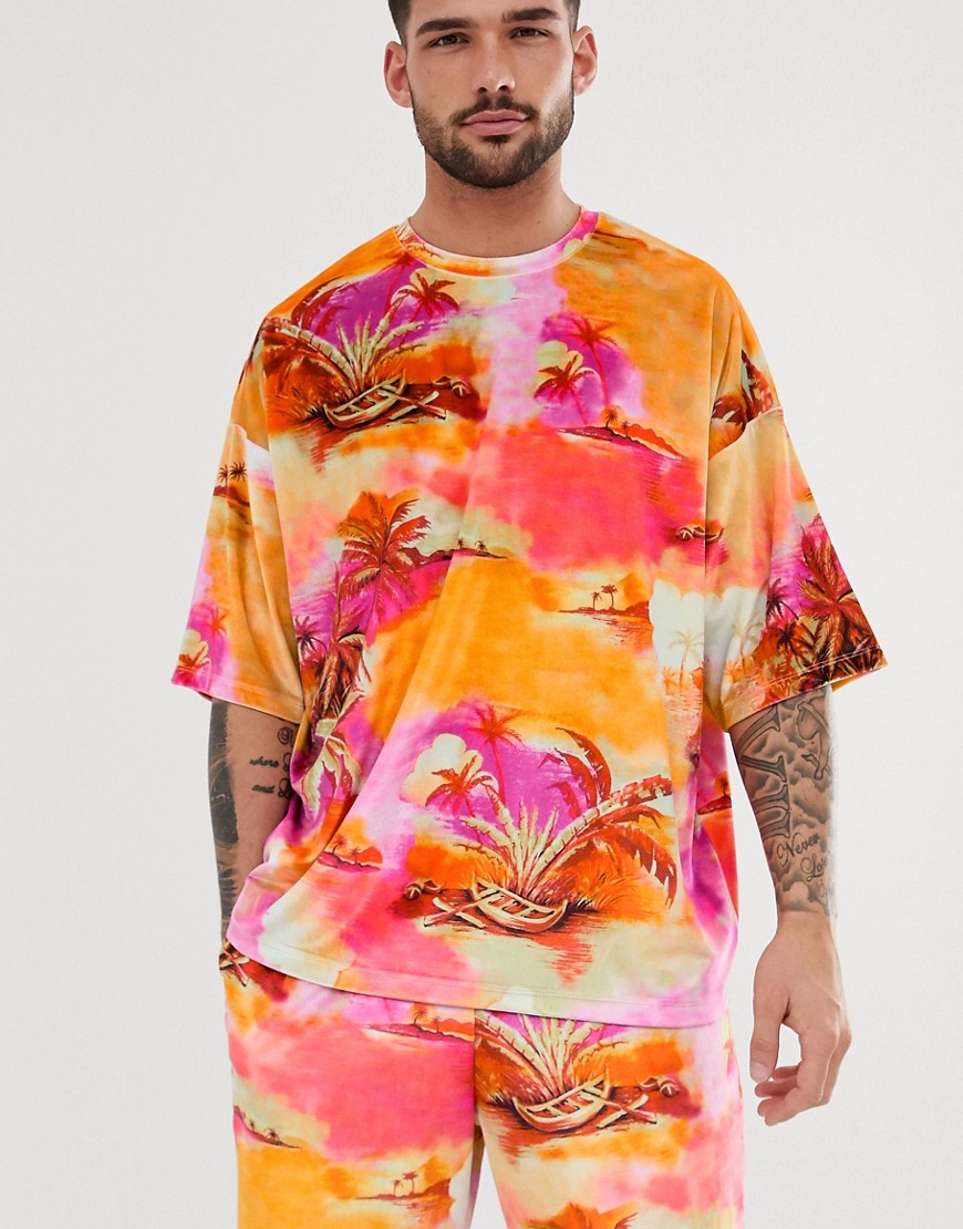 ASOS DESIGN Co-ord - T-shirt oversize in velour con paesaggio con palme-Multicolore